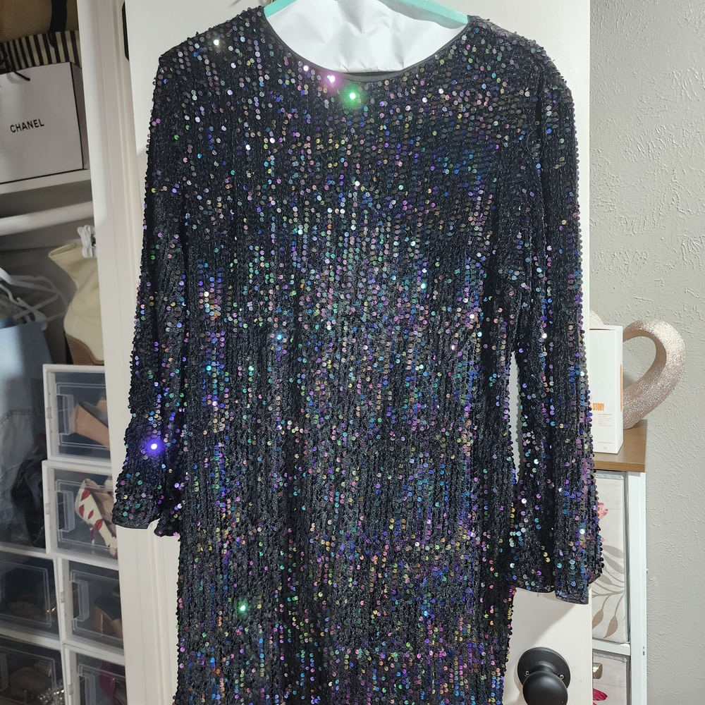 SHEIN Black Sequin Long Sleeve Cocktail Dress